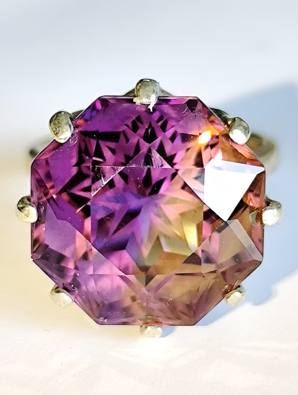 Natural Top-Grade Bi-Color Octagon Ametrine Star Carved In Sterling Silver Ring